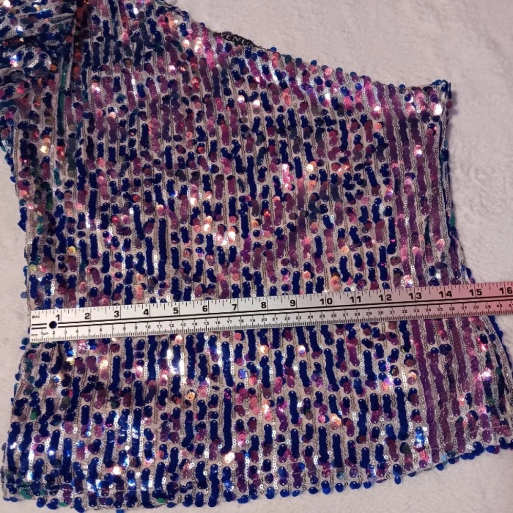 Venus sequined One-Shoulder long sleeve Top - Blue multi color Sz M - Picture 6 of 10